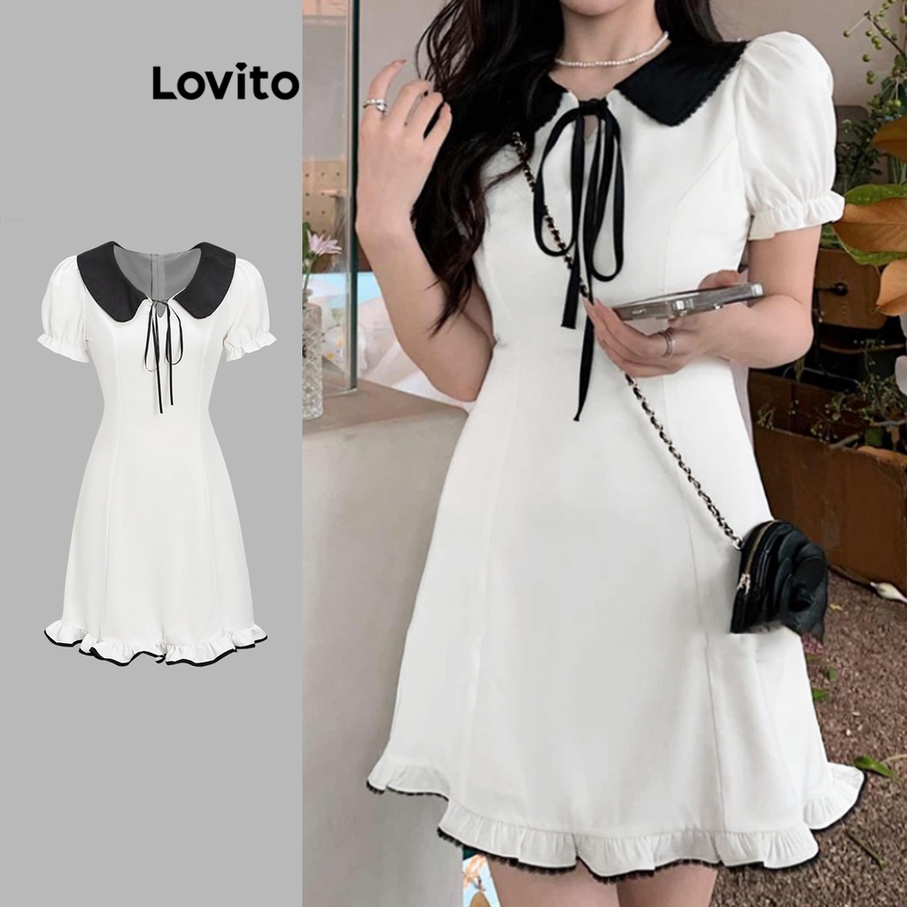 Lovito Women Colorblock Lace Up Ruffle Hem Dress L Ad White