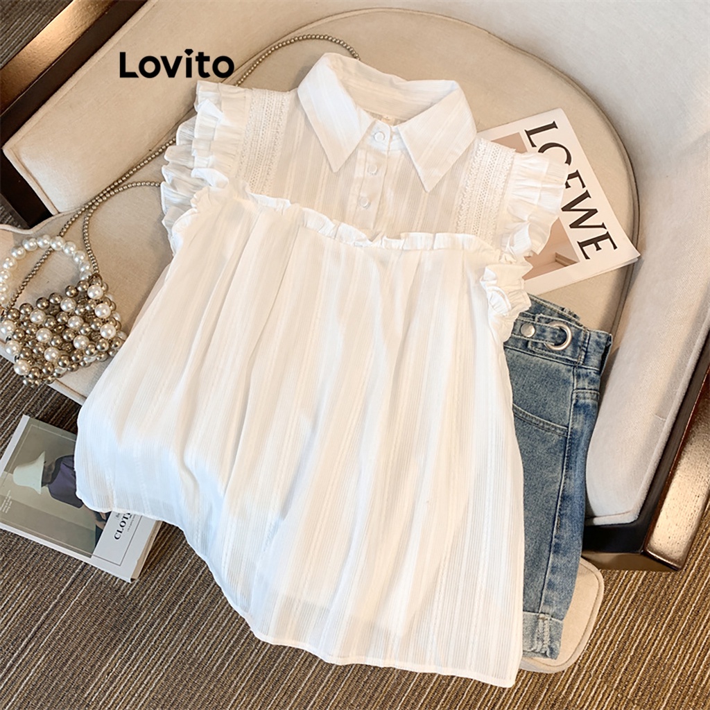 Lovito Women Casual Plain Lettuce Trim Blouse Lna White Shopee