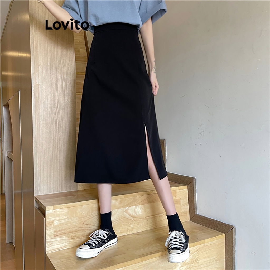 Lovito Women Casual Plain Split Front Skirts LNA26231 Black Shopee