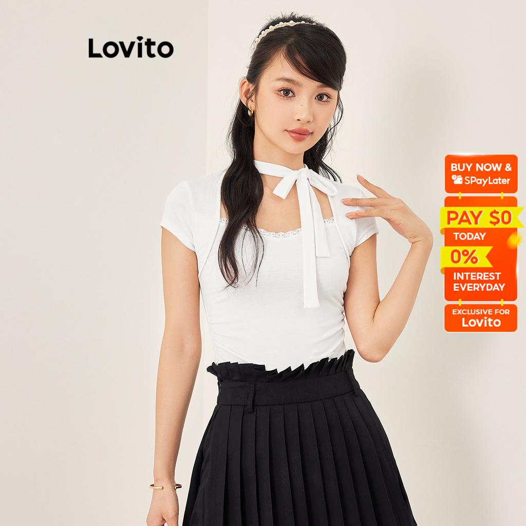 Lovito Casual Plain Lace Up Square Neck Short Sleeves Crop T Shirts For