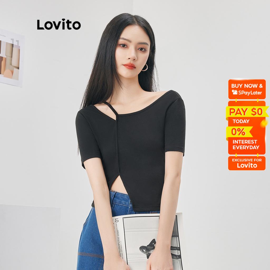 Lovito Casual Plain Asymmetrical Split Cold Shoulder T Shirt For Women