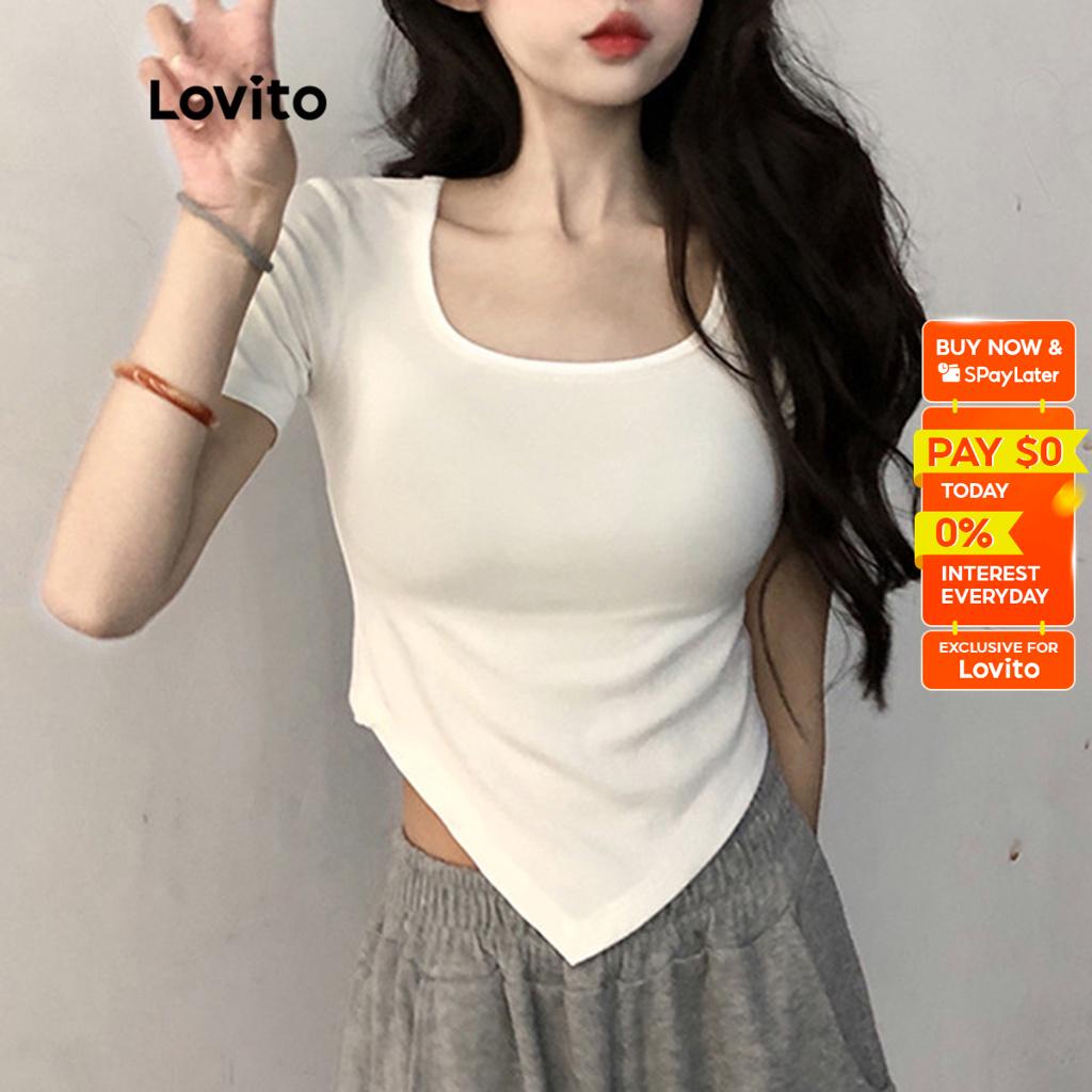 Lovito Casual Plain Square Neck Short Sleeves Basic T Shirt For Women