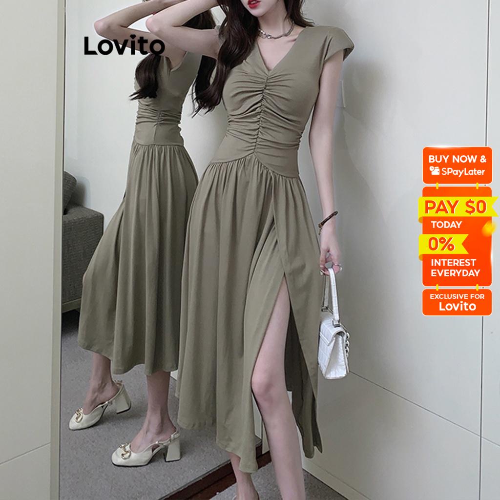 Lovito Casual Plain Ruched Split Front Pleated Dress For Women Lne