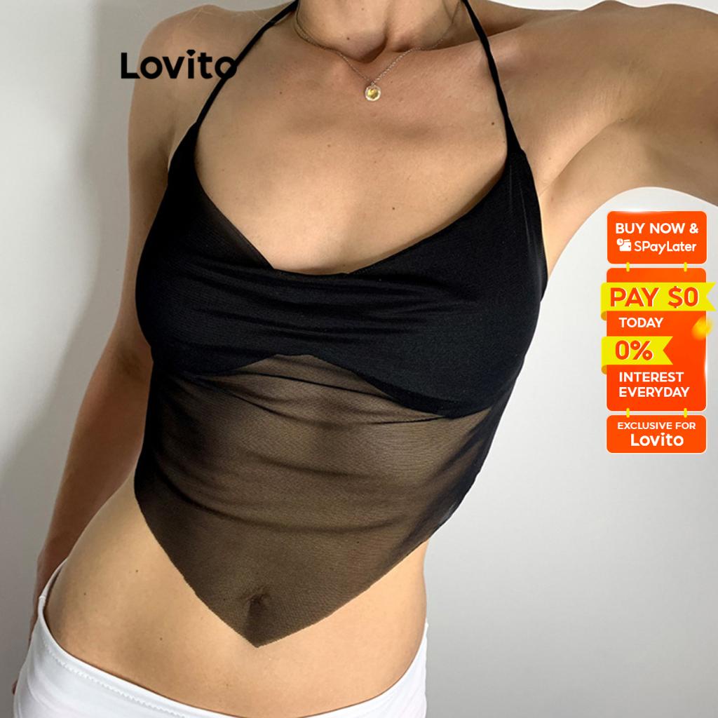 Lovito Casual Plain Sheer Backless Cool And Comfortable Cami For Women