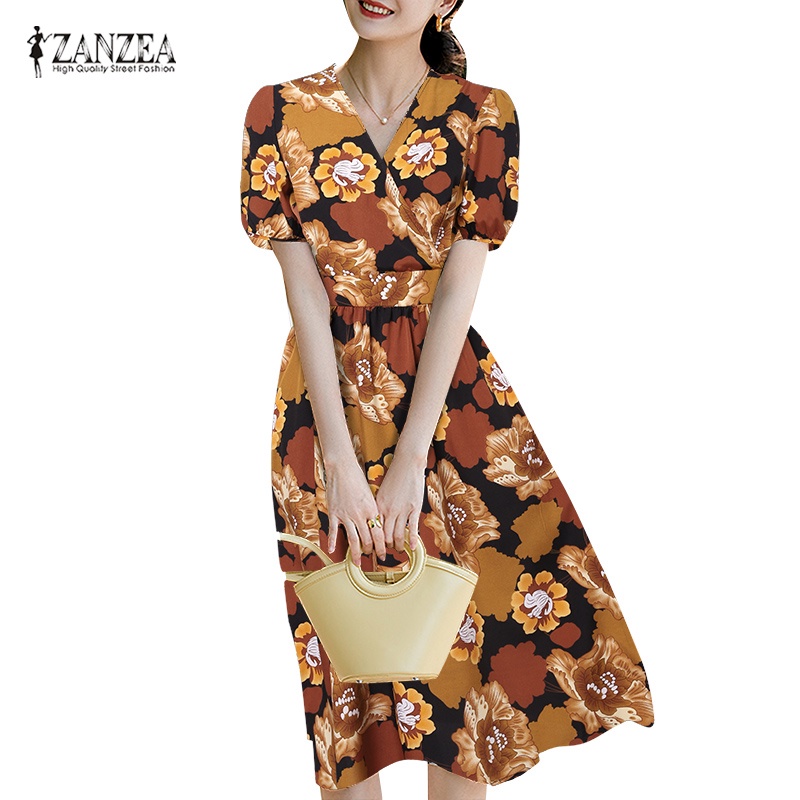 Zanzea Women Korean V Neck Puff Sleeves Short Sleeves A Line Floral