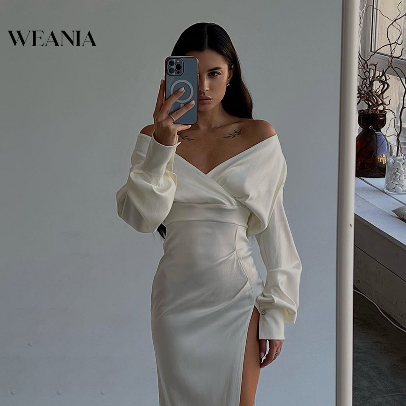 Weania Women Elegant Party Off Shoulder Long Sleeve High Split Satin