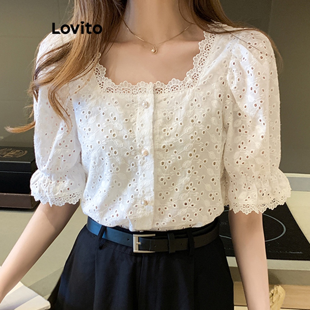 Lovito Casual Plain Eyelet Embroidery Pearl Buckle Contrast Lace