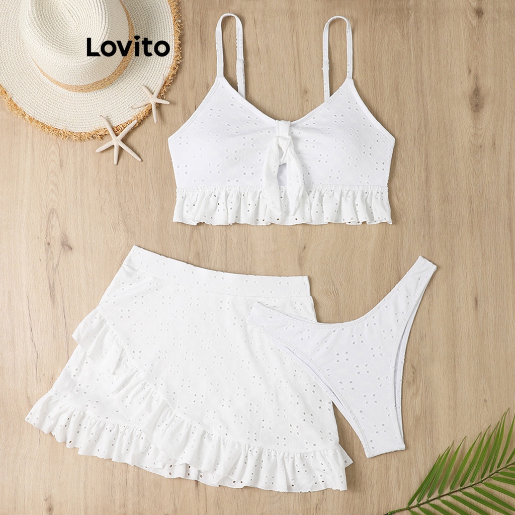 Lovito Casual Plain Lace Up Bikini Set 3 Piece Swimwear For Women
