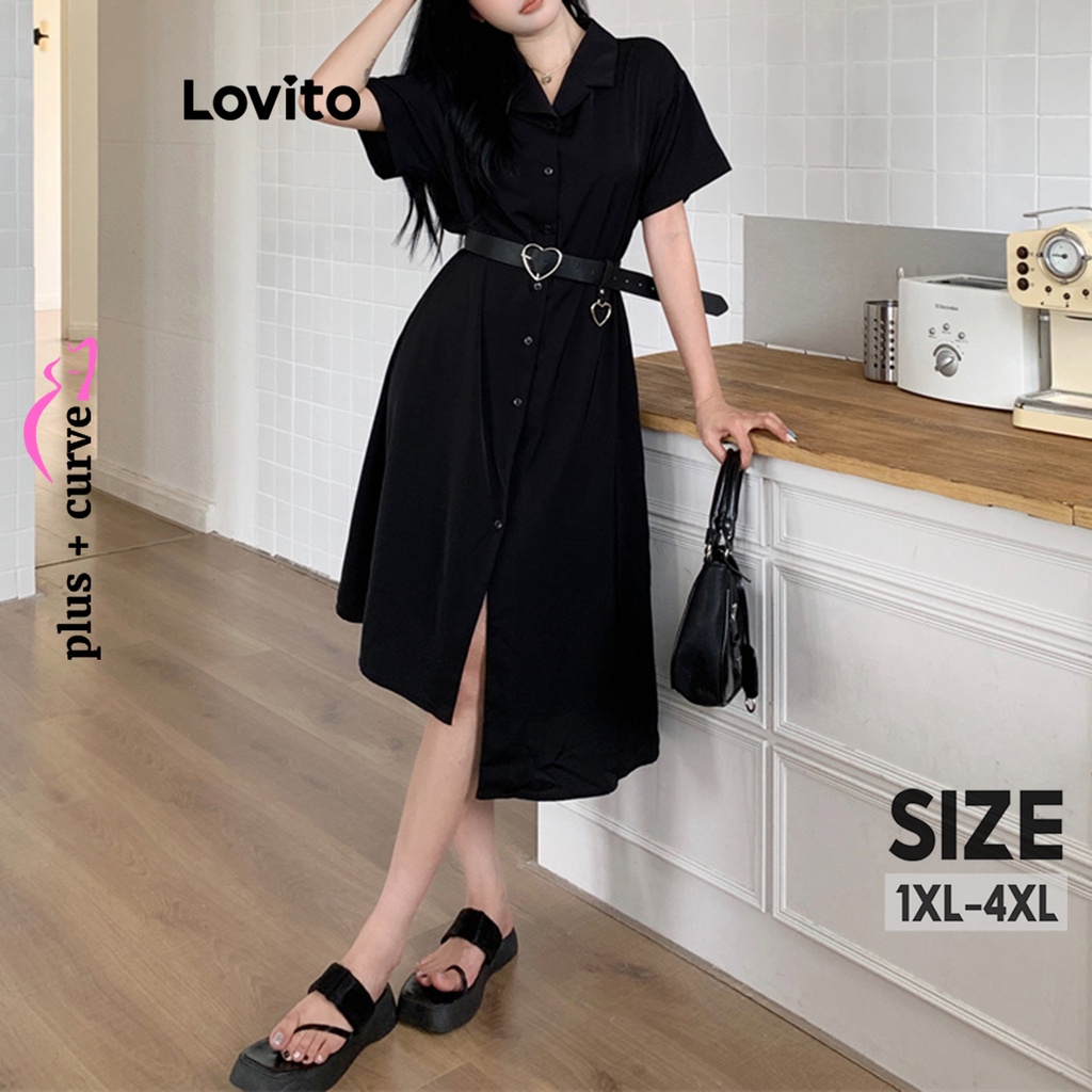 Lovito Women Plus Size Curve Casual Plain Split Button Front Dress