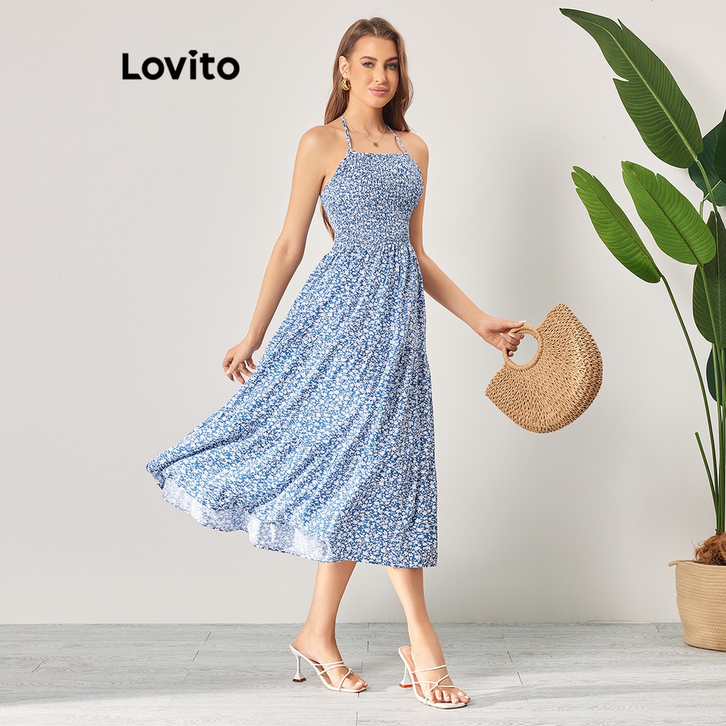 Lovito Women Casual Ditsy Floral Smocked Tiered Layer Dress LBL06097