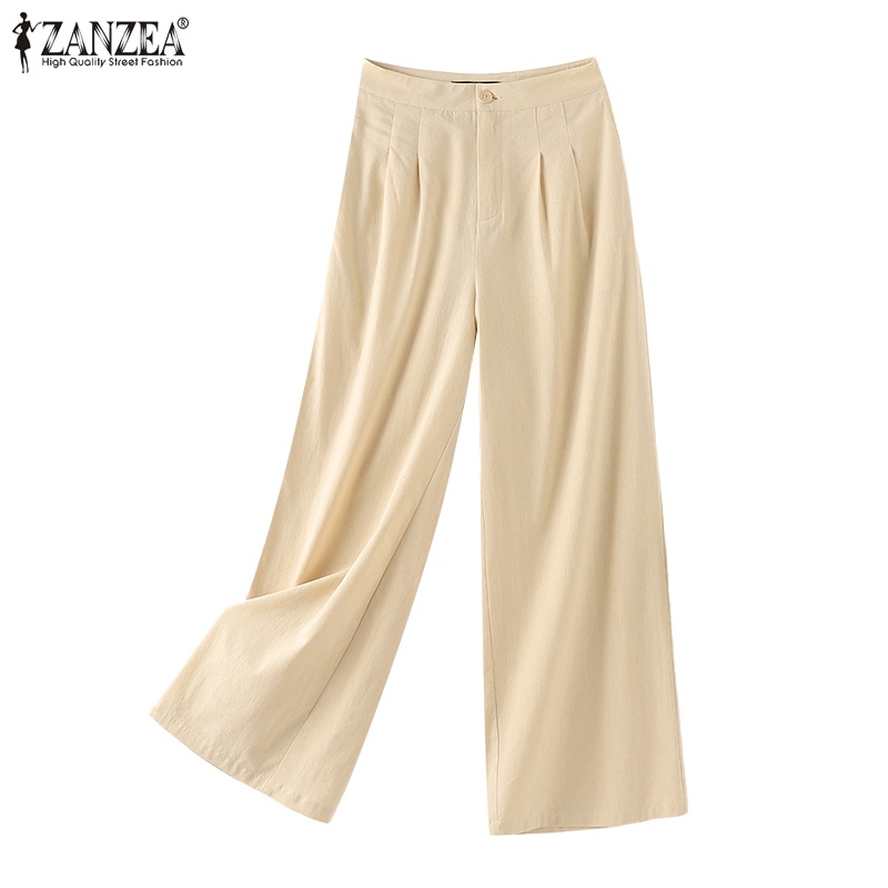 ZANZEA Women Korean Center Front Zipper High Waist Wide Leg Pleated