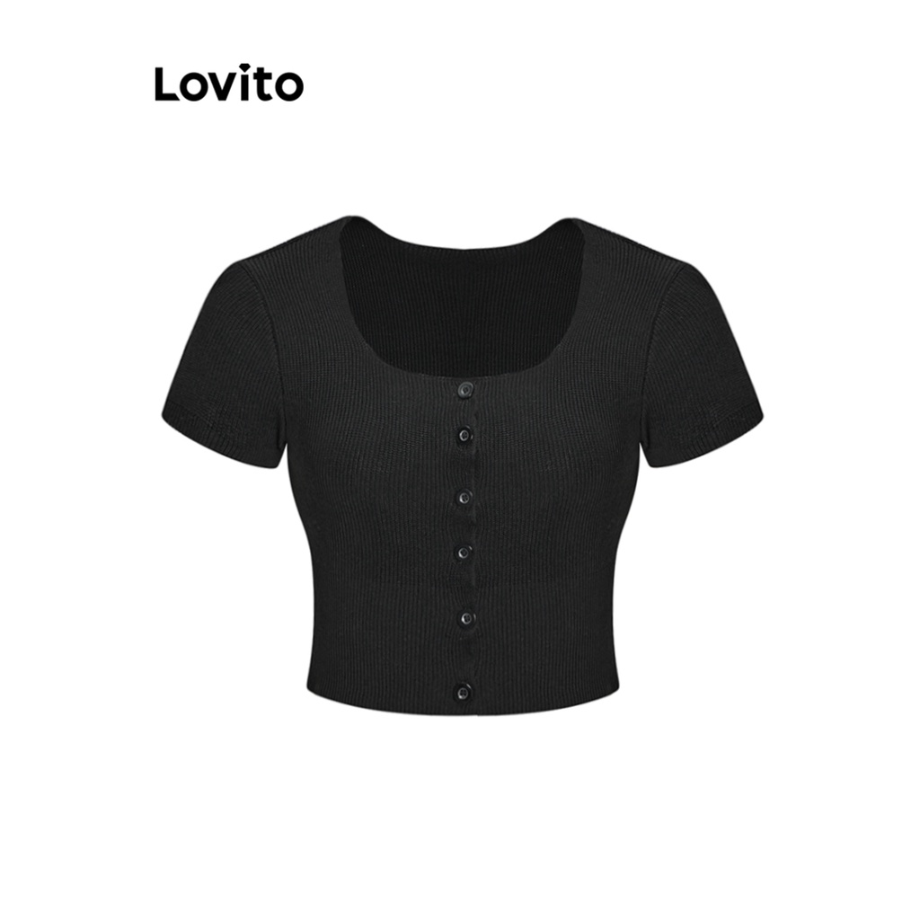 Lovito Women Button Front Multipurpose Basic Knit Top L Ad White