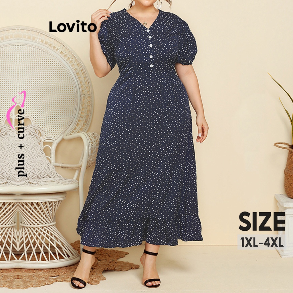 Lovito Women Plus Size Curve Elegant Polka Dot Button Front Ruffle Hem