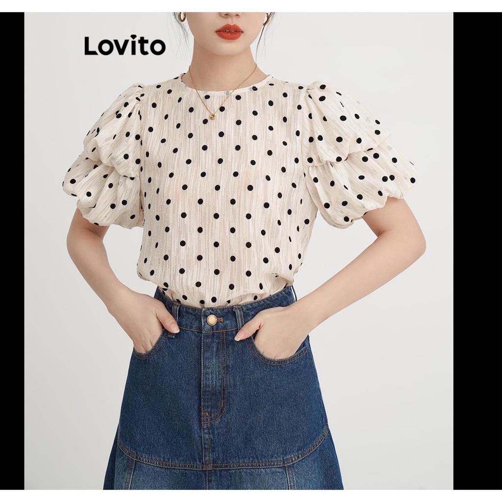 Lovito Women Elegant Polka Dot Double Layer Puff Sleeve Blouse LNL38056