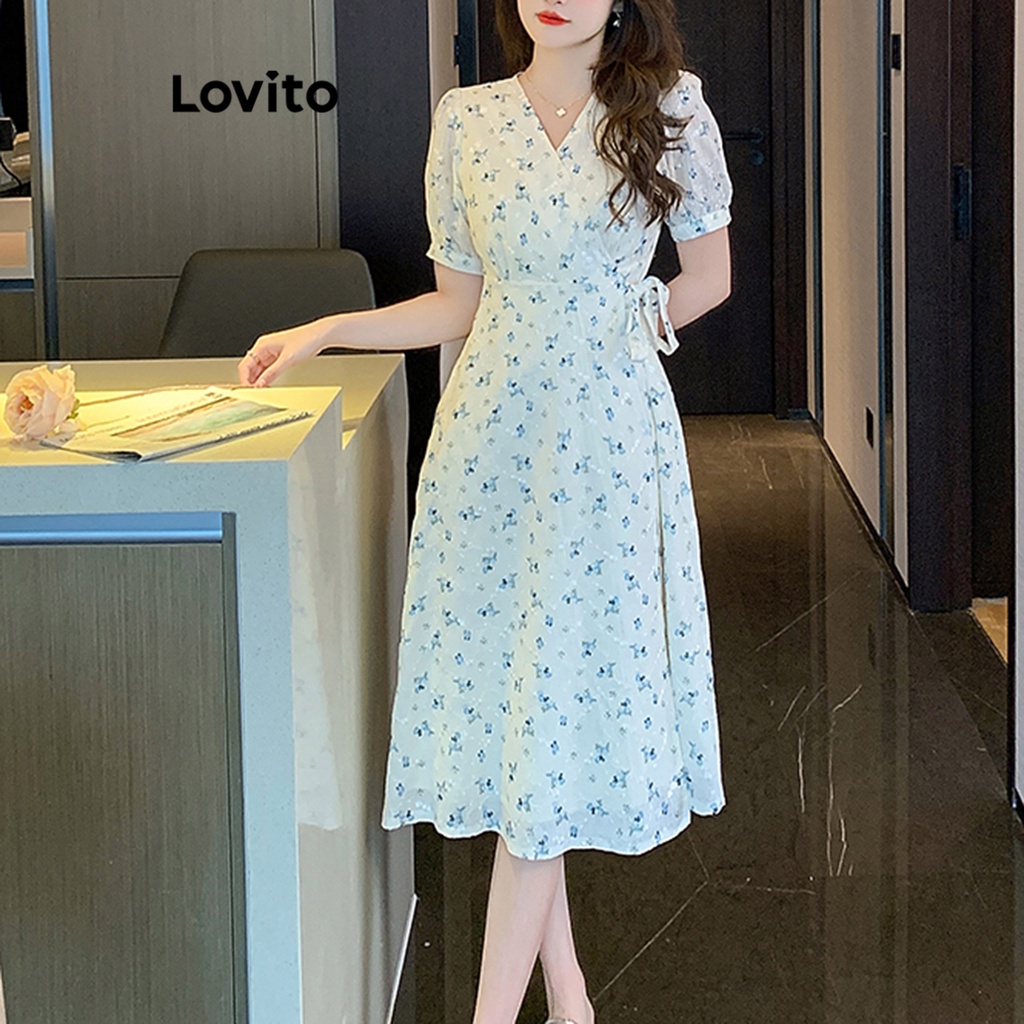 Lovito Women Elegant Floral Lace Up Dress Lne Shopee Philippines