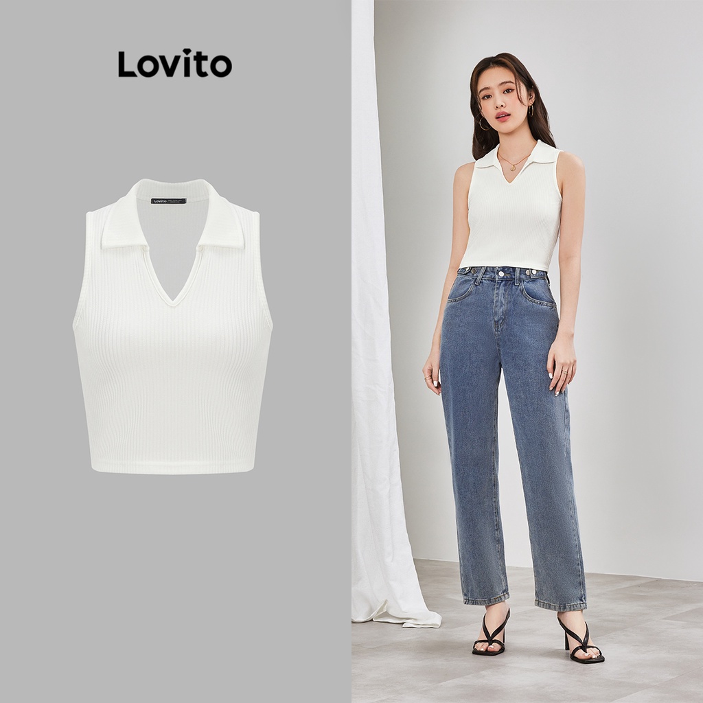 Lovito Women Casual Plain Jacquard Polo Collar Tank Top L65ED045 White