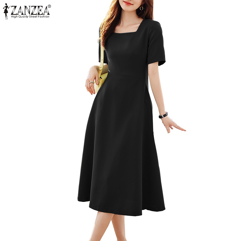 Zanzea Women Korean Solid Color Short Sleeves Square Neck A Line