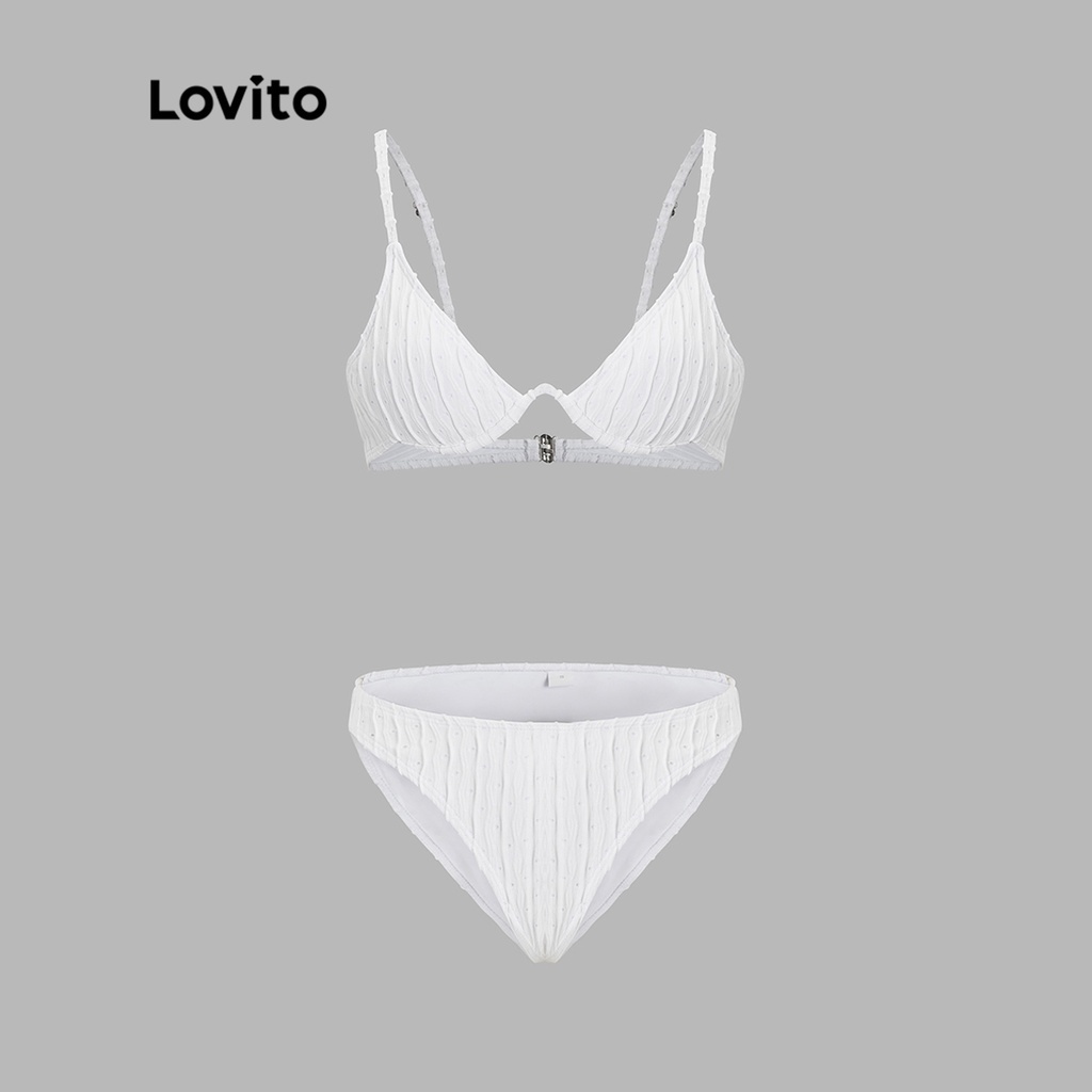 Lovito Casual Plain Lace Up Textured Fabric Removable Pads Bikini Set