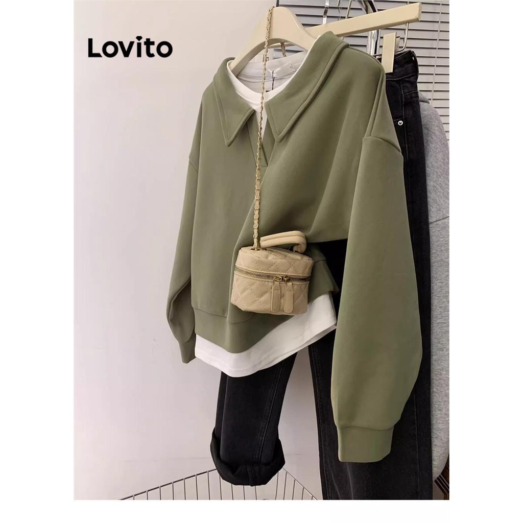 Lovito Women Casual Plain Colorblock Sweatshirt LNA39060 Green