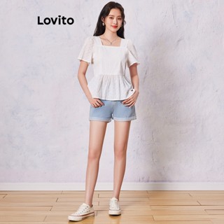 Lovito Casual Plain Eyelet Embroidery Puff Sleeve Blouse For Women