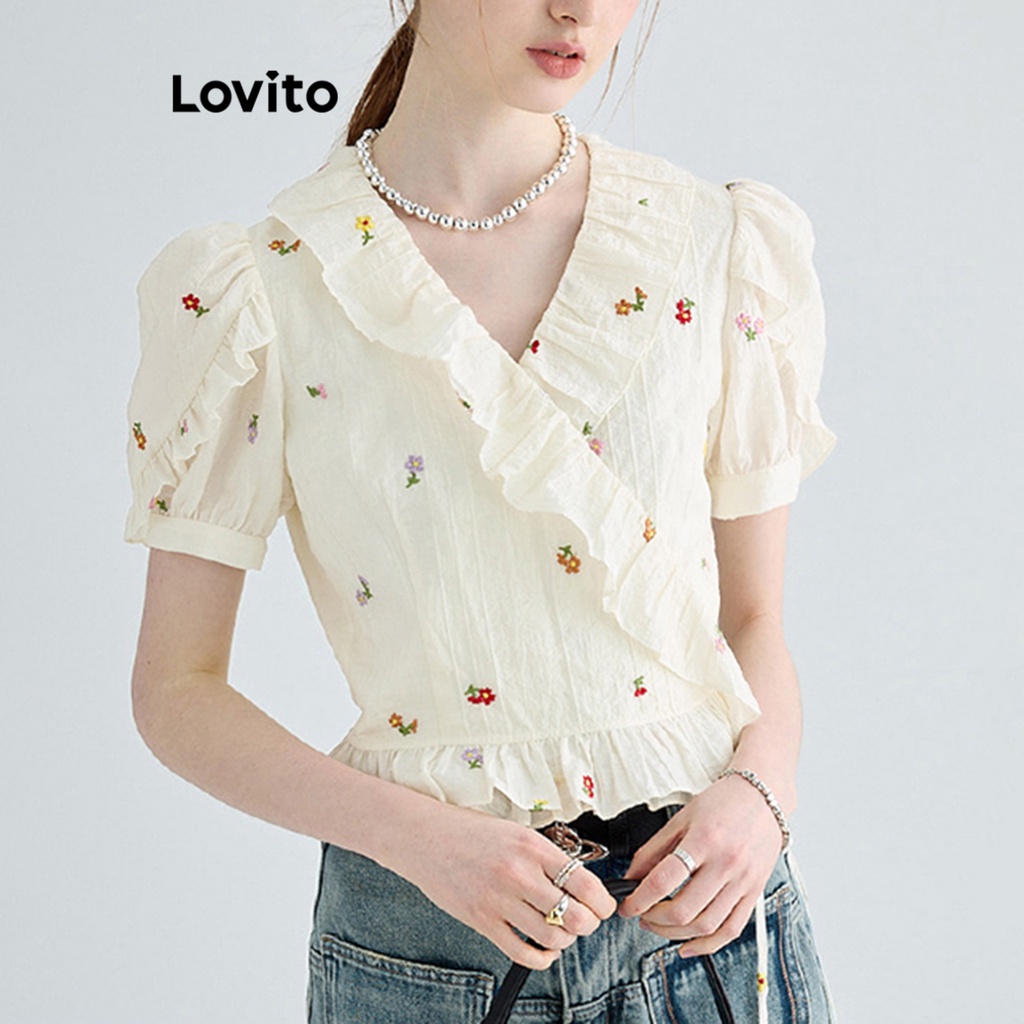 Lovito Casual Ditsy Floral Jacquard Ruffle Wrap Blouse For Women