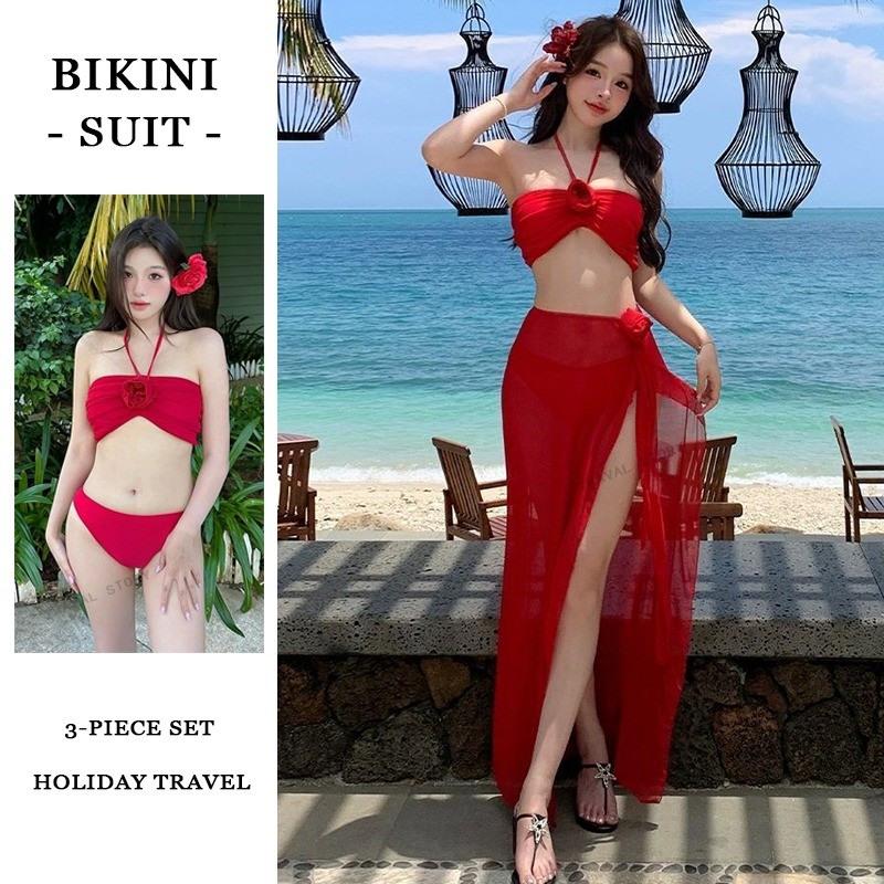Swimsuit Women S Red Flower Bikini Three Piece Strap Skirt Style Korean