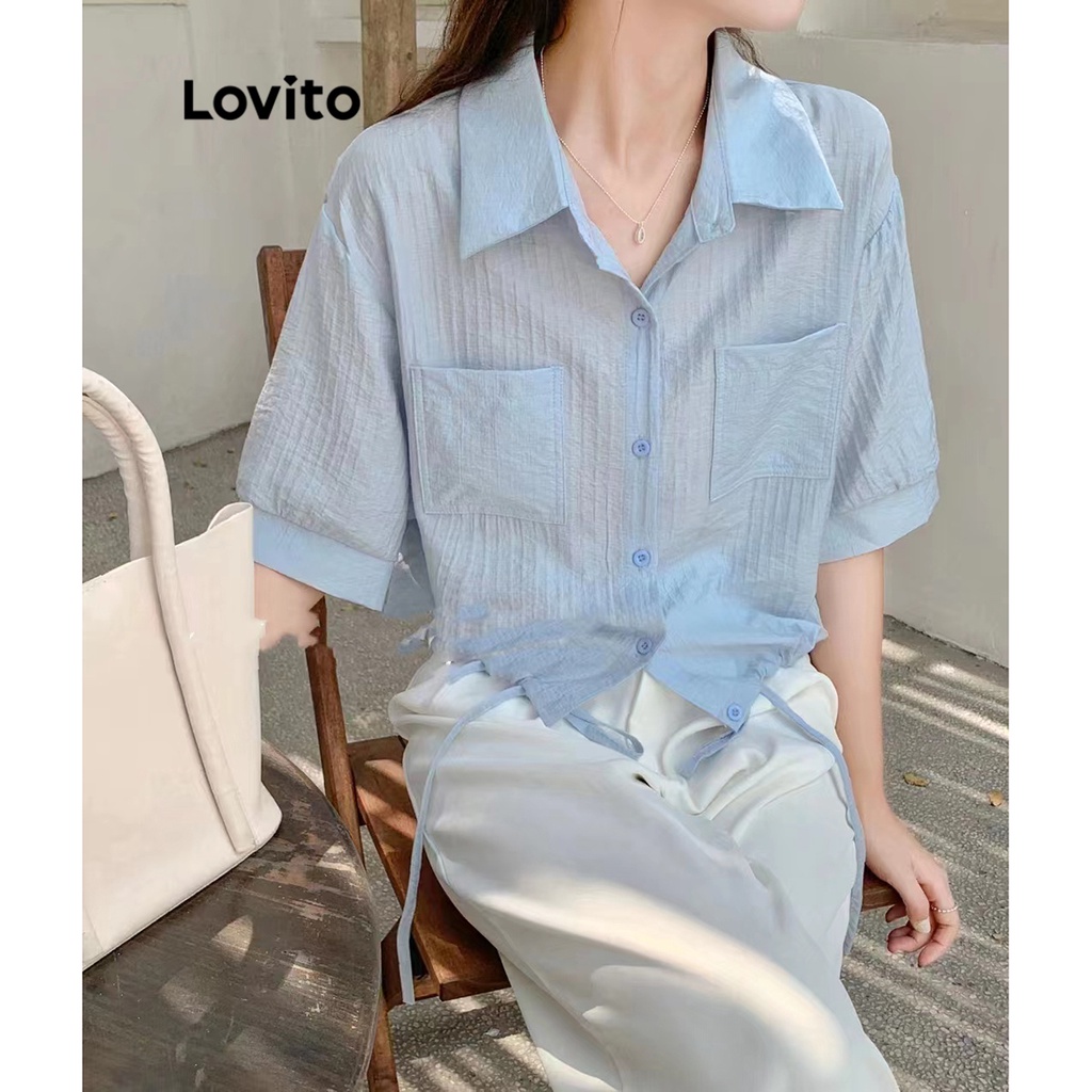 Lovito Women Casual Plain Lace Up Button Front Pocket Blouse LNE29149