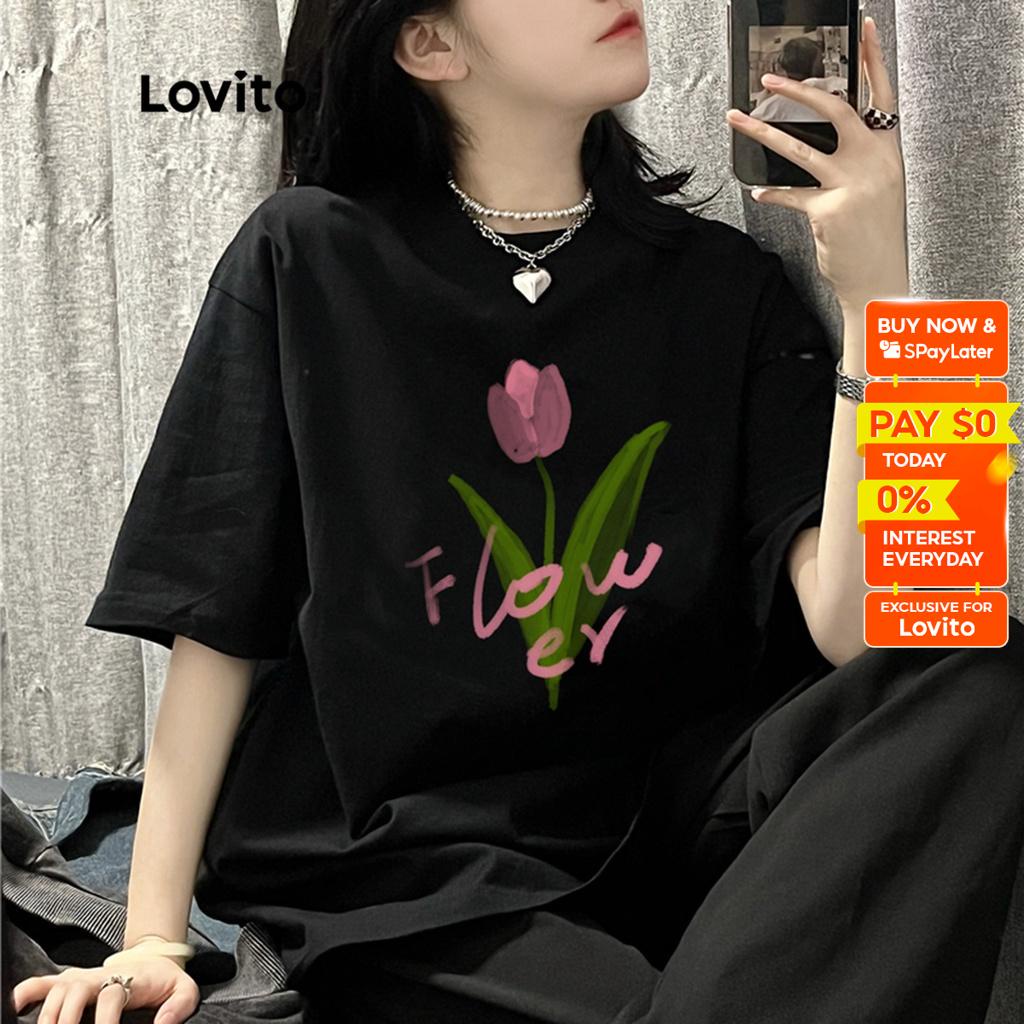 Lovito Casual Floral Pattern Round Neck Short Sleeves T Shirt For Women