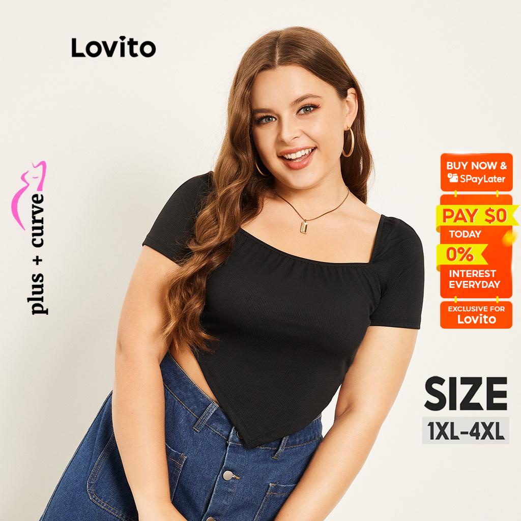 Lovito Plus Size Curve Casual Plain Square Neck Short Sleeve Summer