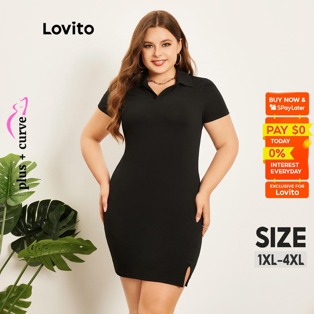 Lovito Plus Size Curve Casual Plain Split Front V Neck Dress For Women