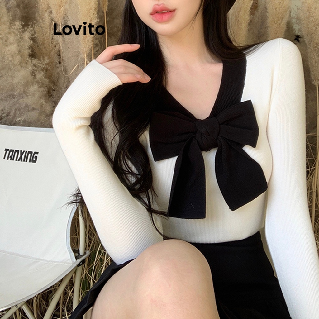 Lovito Women Elegant Patchwork Bow Front Colorblock Sweater Lna