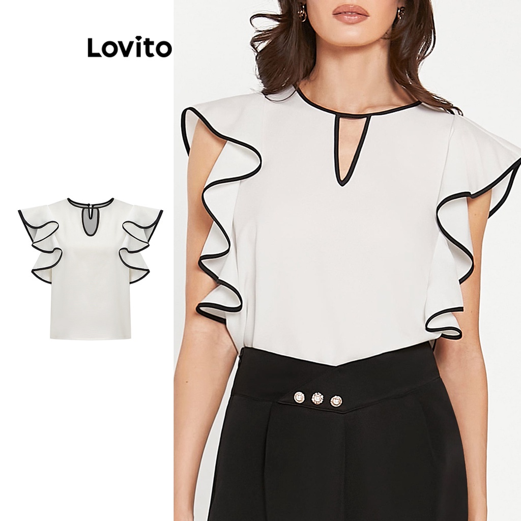 Lovito Women Casual Plain Ruffle Colorblock Blouse L68ED240 White