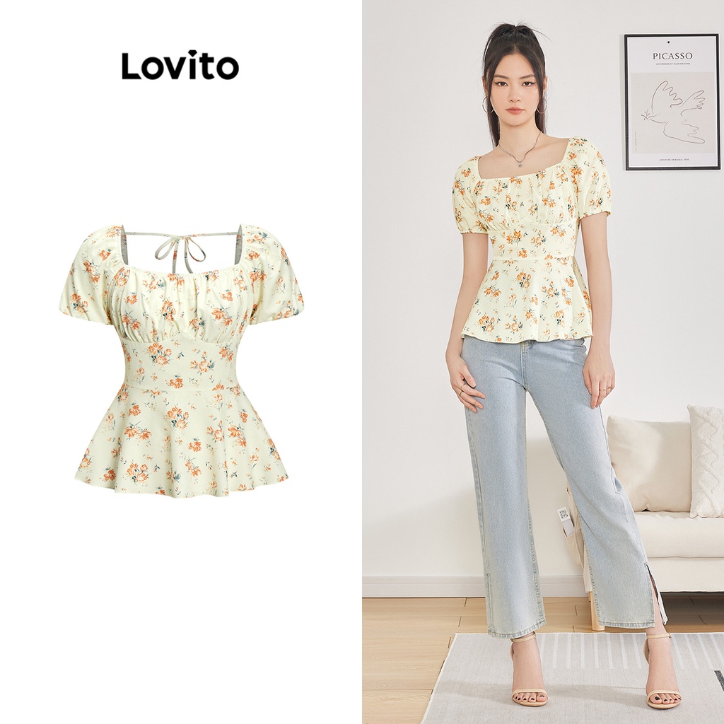 Lovito Women Ruffle Bow Back Square Neck Puff Sleeve Blouse L62ED011