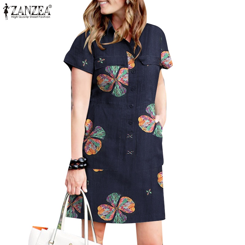 Zanzea Women Vintage Lapel Collar Short Sleeves Floral Printed Dresses