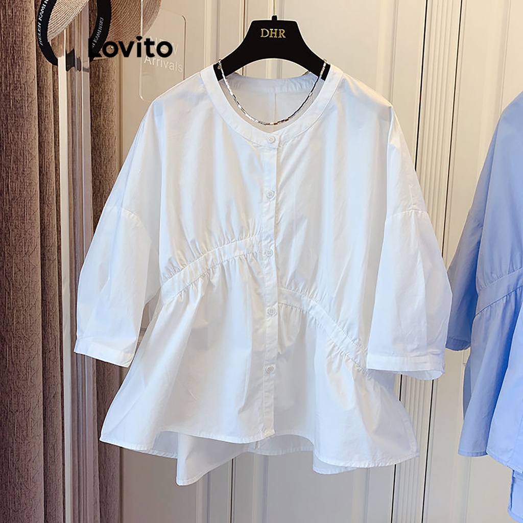 Lovito Women Casual Plain Button Front Structure Line Blouse LNE29040