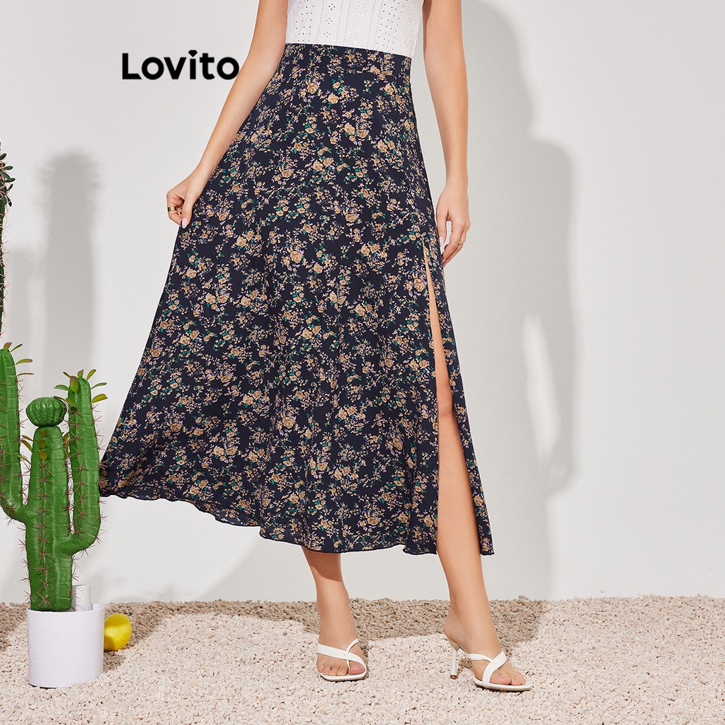 Lovito Women Casual Ditsy Floral Split Front Skirts Lbe Shopee