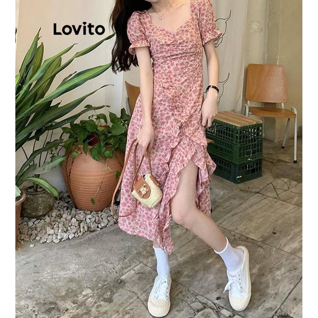 Lovito Women Casual Ditsy Floral Ruffle Hem Dress LNA39078 Hot Pink