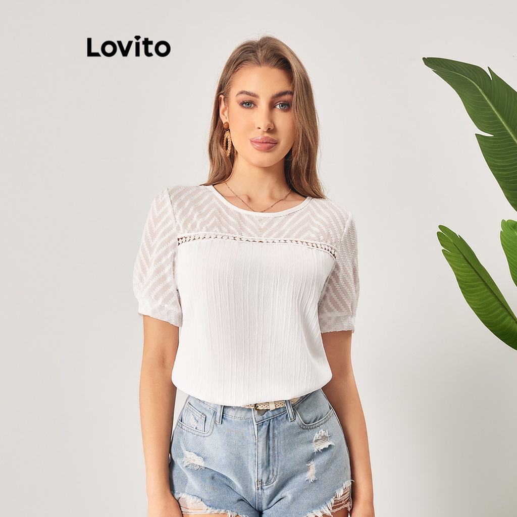 Lovito Women Boho Plain Fabric Stitching Lace Blouse Lbl Shopee