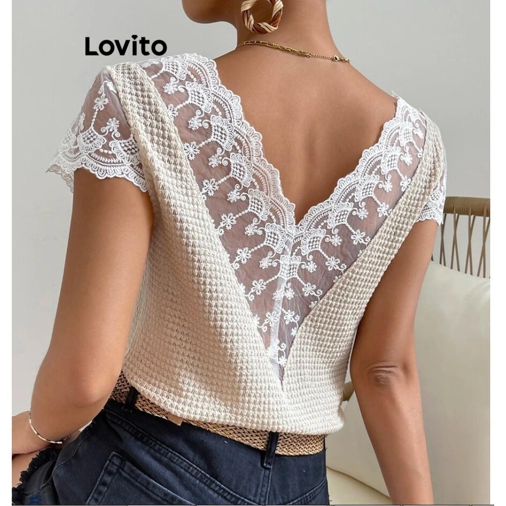 Lovito Women Casual Plain Lace Contrast Mesh T Shirt Lnl Off