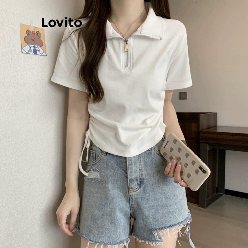 Lovito Women Casual Plain Drawstring Ruched Zipper T Shirt LNE36214