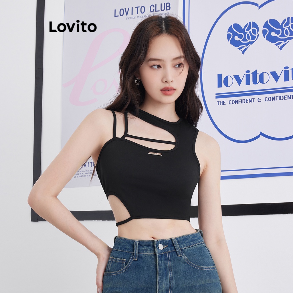 Lovito Sexy Plain Cut Out Asymmetrical Asymmetric Sleeveless Tops For