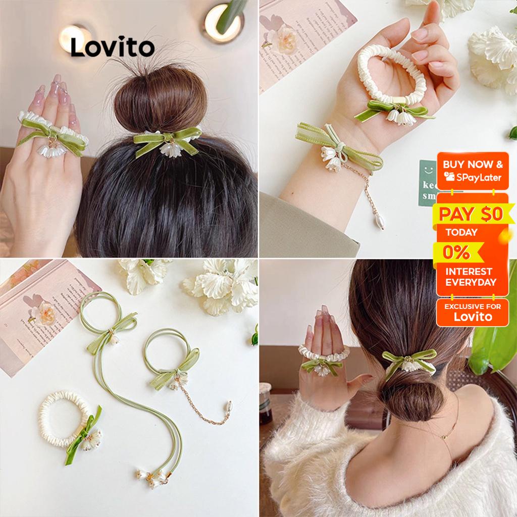 Lovito Casual Plain Flowers Metal Colorblock Bow Hair Ties For Women