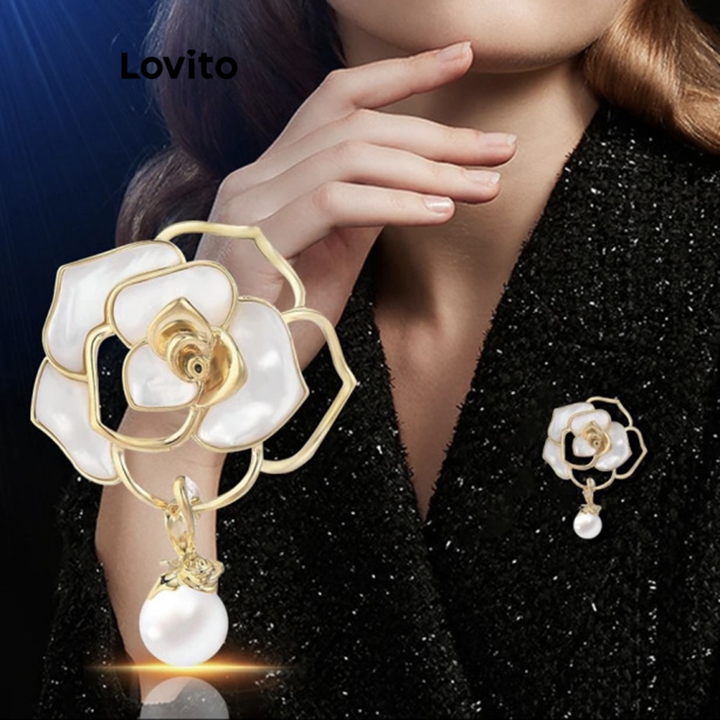 Lovito Women Elegant Plain Flowers Pearls Brooches LNA32216 White