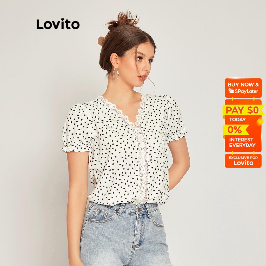 Lovito Women Boho Polka Dot V Neck Puff Sleeve Contrast Lace Blouses