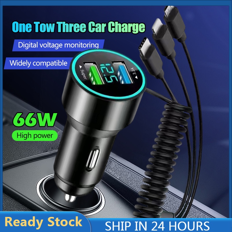 3 1A Car Charger With 3 In 1 Stretchable Spring Cable Dual USB LED