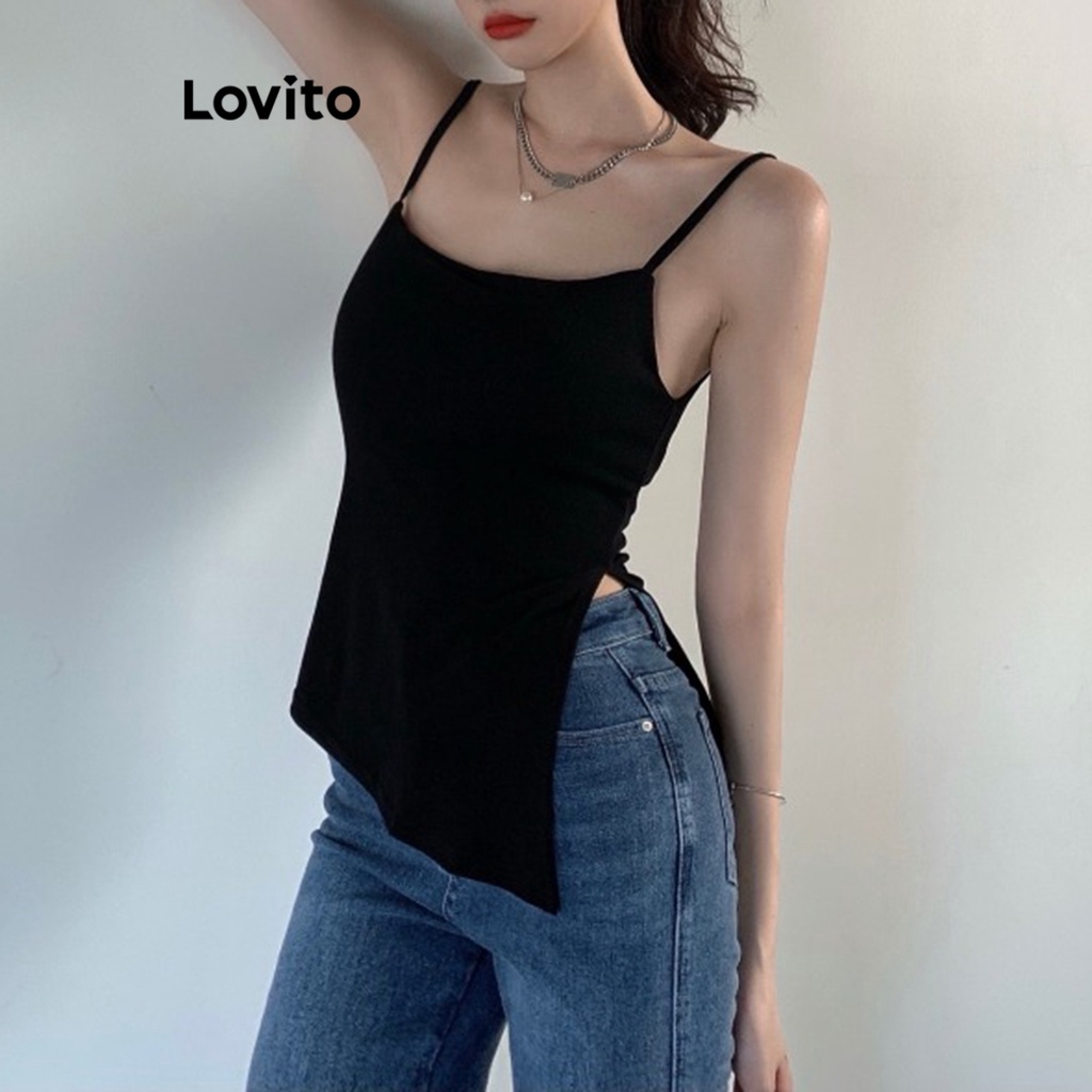 Lovito Women Casual Plain Split Front Cami Top Lnl White Black