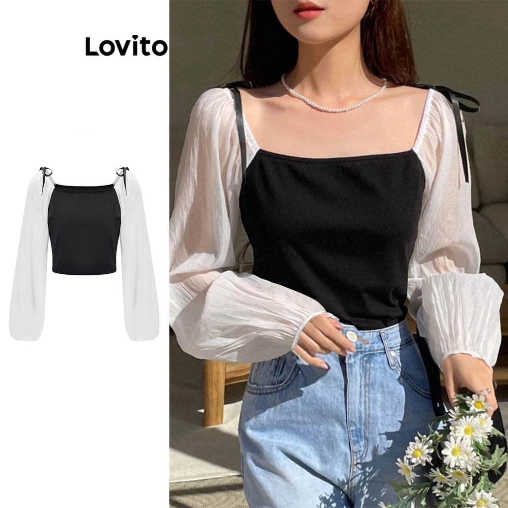 Lovito Women Casual Plain Bow Colorblock Blouse L65ED010 Black And