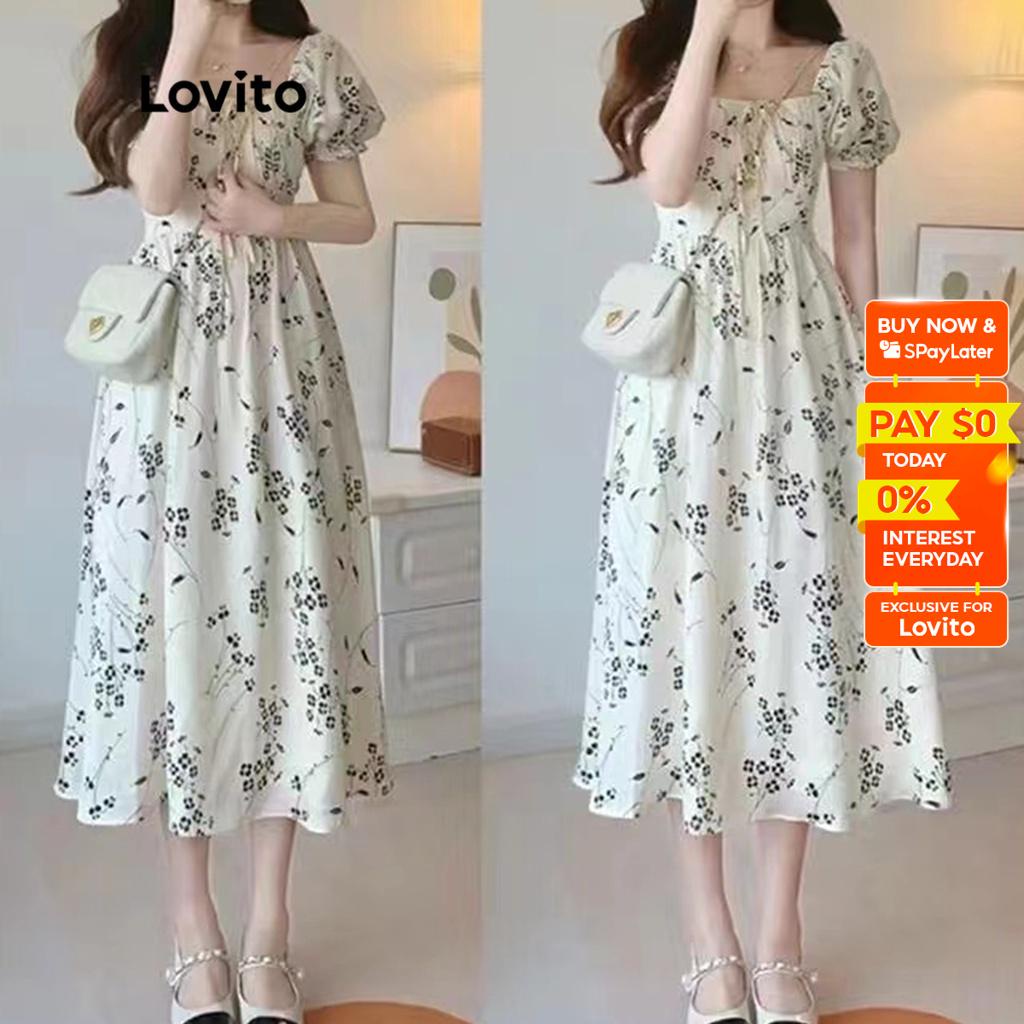 Lovito Casual Floral Puff Sleeve Dress For Women Lne Shopee