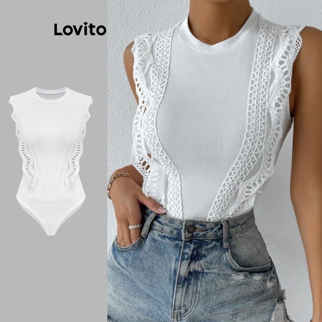 Lovito Women Casual Plain Lace Jacquard Bodysuit Lbe White