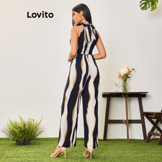 Lovito Women Casual Striped Pattern Jumpsuit Lba Blue Shopee